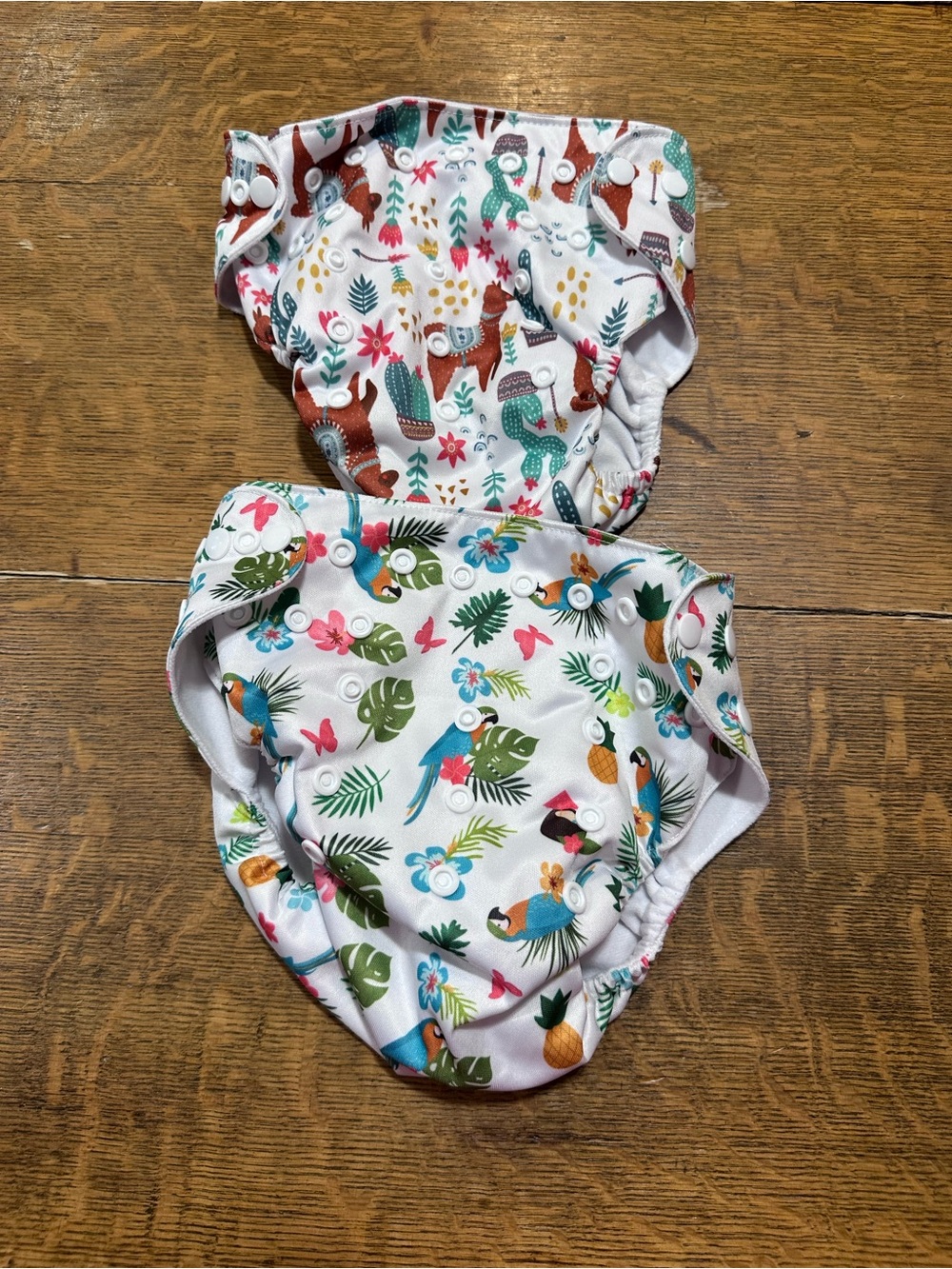 Wegrecco baby swim diaper cover- Tropical Parrot & Llama Prints, White
